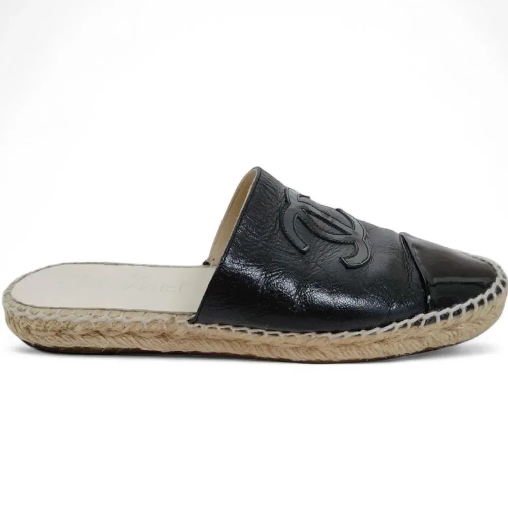 CHANEL Black Espadrille CC Logo Leather Slip-On Shoes IT36